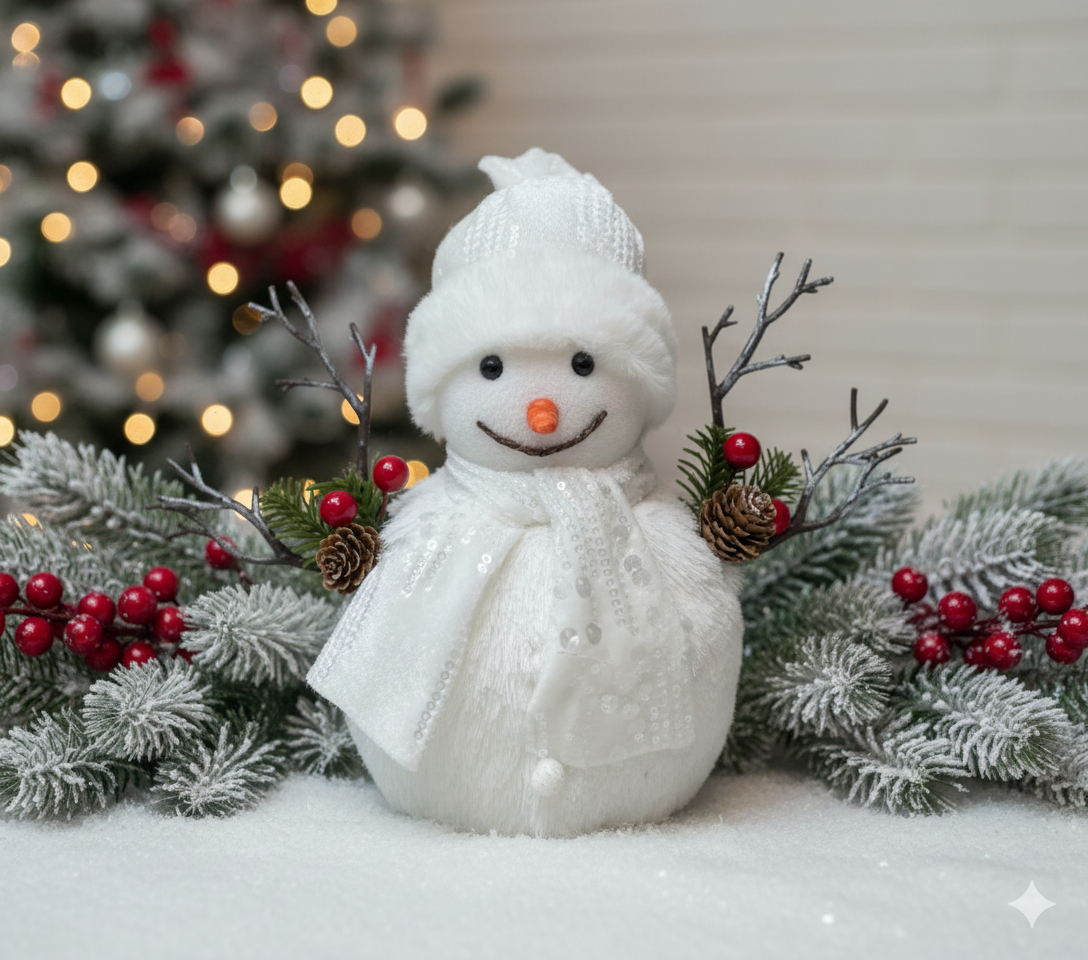 MUÑECO DE NIEVE CON BUFANDA Y GORRO BLANCO X24CM