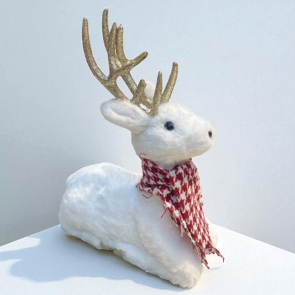 BAMBI BLANCO SENTADO CON CUERNOS CAFÉS Y BUFADA 36*14*35CM